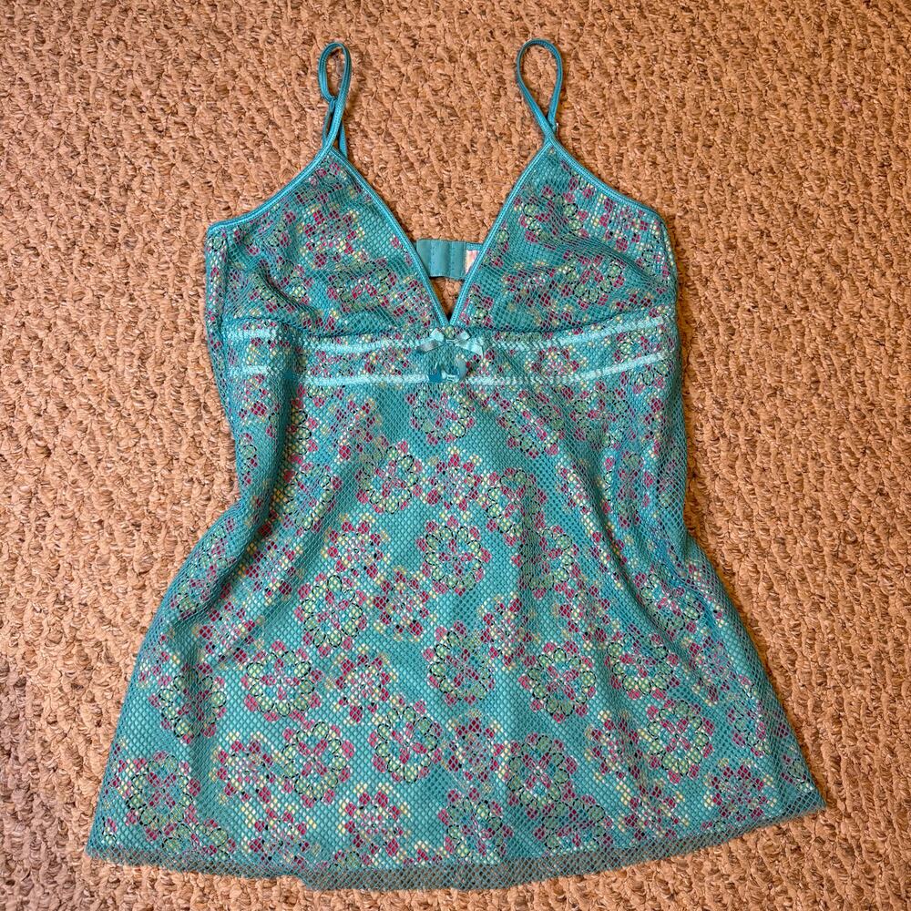 Vintage 90s Y2K Vivid‎ Blue Floral Hippie Multicolor Mesh Tank Top With Bow M/L